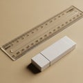 A transparent plastic ruler, marked with centimeter measurements from 0 to 30, lies on a beige Royalty Free Stock Photo
