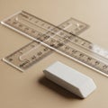 A transparent plastic ruler and a white eraser are placed on a brown textured surface. The ruler Royalty Free Stock Photo