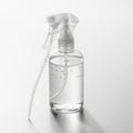 Transparent plastic spray bottle containing a clear liquid, set against a plain white Royalty Free Stock Photo