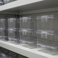 Transparent plastic storage containers are neatly stacked on white shelving in a storag Royalty Free Stock Photo