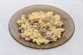 Transparent plate with pasta spaghetti carbonara with cream, mushrooms, bacon Royalty Free Stock Photo