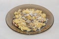 Transparent plate with pasta spaghetti carbonara with cream, mushrooms, bacon Royalty Free Stock Photo