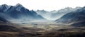 transparent PNG. a vast alien landscape with foggy misty mountains and dry barren valley. fantasy landscape.