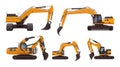 Multiple views of yellow excavators on a white background studio Royalty Free Stock Photo