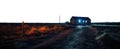 transparent PNG. a farm road leading to a small poor farmhouse. dry ranch terrain. dusk dark tones. lit window. Royalty Free Stock Photo