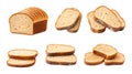 Various arrangements of sliced bread loaf on a white surface Royalty Free Stock Photo