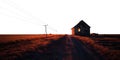 transparent PNG. a rural road. dry landscape. a small farm house. electricity wires. vast landscape.