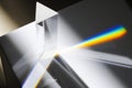 Transparent prism dispersing sunlight splitting into a spectrum on a white background