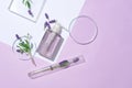 A transparent purple spray bottle without label, lavender flowers, a test tube, a glass platform and two petri dishes on a pastel Royalty Free Stock Photo