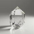 A transparent quartz crystal with a pointed, hexagonal prism shape. It rests on a Royalty Free Stock Photo