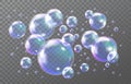 Transparent rainbow soap, 3d flying balls. Color water realistic objects isolated on black, blue circle air drops Royalty Free Stock Photo