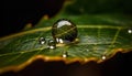 Transparent raindrop reflects vibrant green leaf vein in nature beauty generated by AI