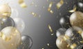 Transparent realistic balloons and golden confetti isolated on transparent background. Party decorations for birthday Royalty Free Stock Photo