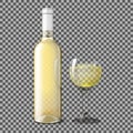 Transparent realistic bottle for white wine with glass on plaid background. Vector