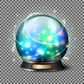 Transparent realistic bright glowing crystal ball for fortune tellers. on plaid background with reflection