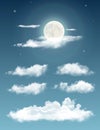 Transparent realistic clouds. Night sky with moon and clouds