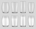 Transparent realistic glasses set, milk in a glass isolated Royalty Free Stock Photo