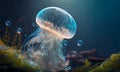 Transparent realistic jellyfish close-up on a sea background with air bubbles,algae and copyspace. Royalty Free Stock Photo