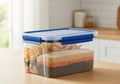 A transparent rectangular plastic container with a blue lid is filled Royalty Free Stock Photo