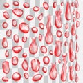 Transparent red drops flowing along a cylindrical surface