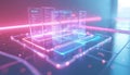 Transparent screens display code. Digital interface glows with neon light. Futuristic tech display shows data streams. Modern ux Royalty Free Stock Photo