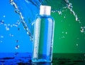 Transparent shampoo bottle with water splash, showcasing a fresh mockup style Royalty Free Stock Photo
