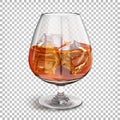 Transparent shiny glass on a leg with cognac with ice cubes. Royalty Free Stock Photo