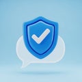 Blue Shield with White Checkmark Icon Over a Transparent Speech Bubble on a Light Blue Background Keywords: shield, security, Royalty Free Stock Photo