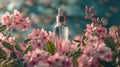 A transparent small glass bottle with a white dropper cap, containing essential oil or serum, surrounded by pink flowers. Mockup Royalty Free Stock Photo