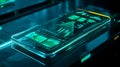 Transparent smartphone displaying AI analytics with dynamic holographic-style charts and data overlays, the screen glowing with Royalty Free Stock Photo