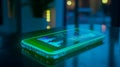 Transparent smartphone displaying AI analytics with dynamic holographic-style charts and data overlays, the screen glowing with Royalty Free Stock Photo