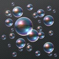 Transparent soap bubble. Realistic colorful 3D bubbles, rainbow clear shampoo ball with color reflection. Design template