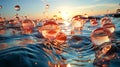 Transparent soap bubbles on the clear blue water of the sea or other body of water Royalty Free Stock Photo