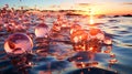 Transparent soap bubbles on the clear blue water of the sea or other body of water Royalty Free Stock Photo