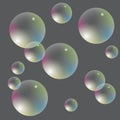 Transparent soap bubbles with iridescent gradient on a gray background.