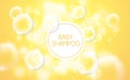 Transparent soap bubbles yellow background. Vector light flare and sparks clear sunny background. Kid soap or baby shampoo design