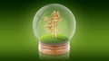 Transparent sphere ball with golden palm inside. 3D rendering.