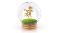 Transparent sphere ball with golden palm inside. 3D rendering.