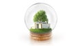 Transparent sphere ball with modern white house inside. 3D rendering. Royalty Free Stock Photo