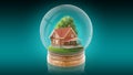 Transparent sphere ball with wooden house inside. 3D rendering.