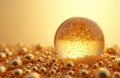 Transparent sphere contains tiny golden bubbles. Many small golden balls fill surface. Soft yellow light illuminates liquid, Royalty Free Stock Photo