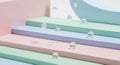 Transparent spheres falling on pastel colored geometric steps and platforms (1267 Royalty Free Stock Photo