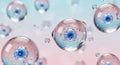 Microscopic View of Transparent Cells with Blue Nuclei and Bubbles Floating in a Soft Pink and Blue Gradient Royalty Free Stock Photo