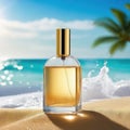 transparent spray bottle of perfume close up backdrop of sea in Presentation of unisex perfumes in sea