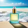 transparent spray bottle of perfume close up backdrop of sea in Presentation of unisex perfumes in sea