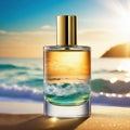 transparent spray bottle of perfume close up backdrop of sea in Presentation of unisex perfumes in sea