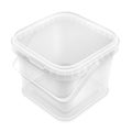 Transparent square empty plastic bucket with handle. Top view from the corner