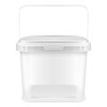 Transparent square empty plastic pail with handle. Front view mockup isolated on white background