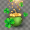 Transparent St. Patrick's Day greeting card. A green bowler hat full of gold coins and a clover leaf of good luck on Royalty Free Stock Photo