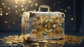 Transparent suitcase full of gold bitcoins cryptocurrency concept